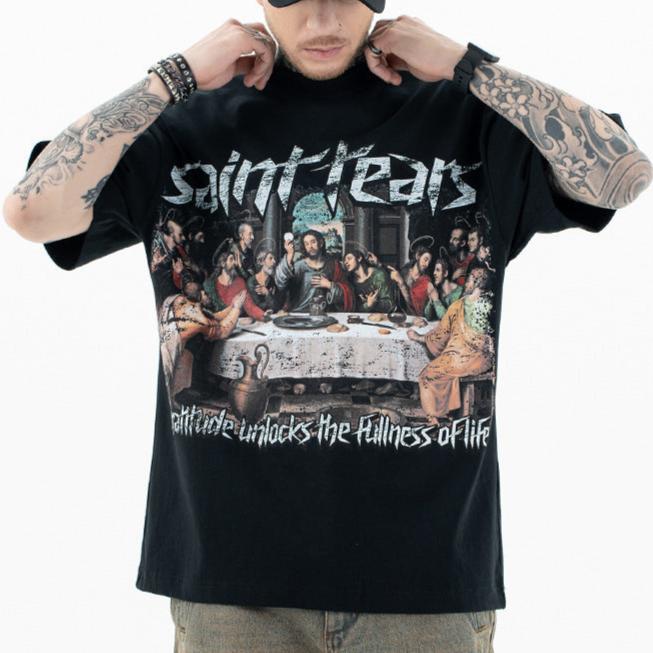 Men The Last Supper Washed Print Short Sleeve T-Shirts